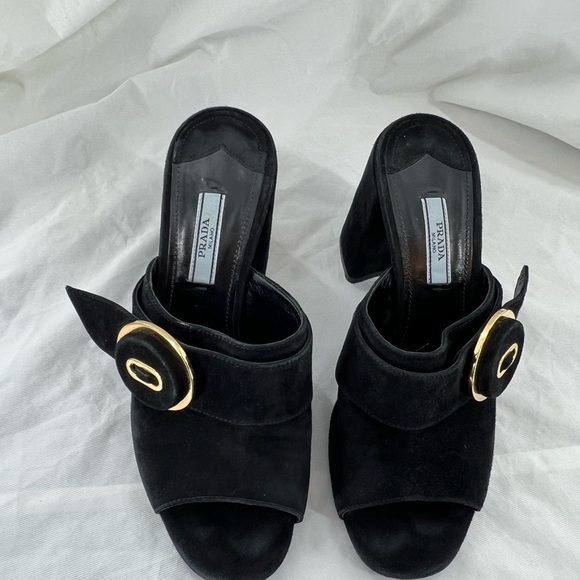 PRADA MILANO BLACK SUEDE CHUNKY HEEL SANDAL BLACK SIZE 37 EUR SIZE 6.5 US - Picture 1 of 16
